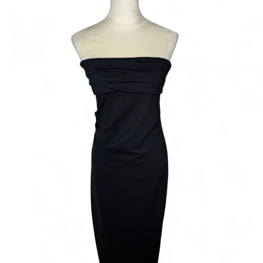 Zara Fitted Midi Bandeau Dress Strapless Straight Neck Front Ruching - Black - L